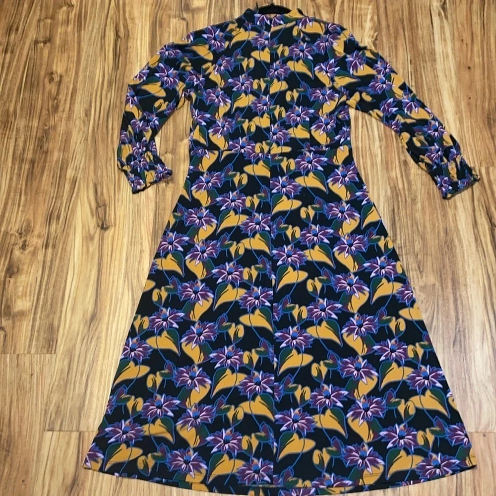 Adrianna Papell women dress 8 medium maxi midi long black floral pattern stretch